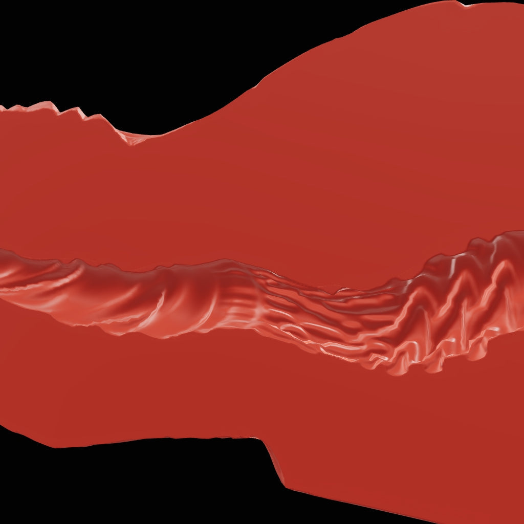 A 3D model showing a split half view of penetrable sex toy so the textured inside can be seen. The toy is modeled after a furred dragon's torso and haunches.